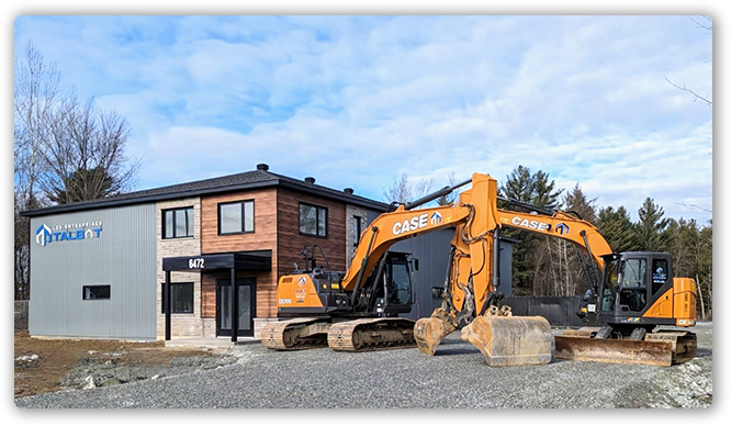 Siège des Entreprises Talbot en Estrie – Excavation et aménagement à Sherbrooke avec équipements CASE devant les bureaux de l’entreprise.